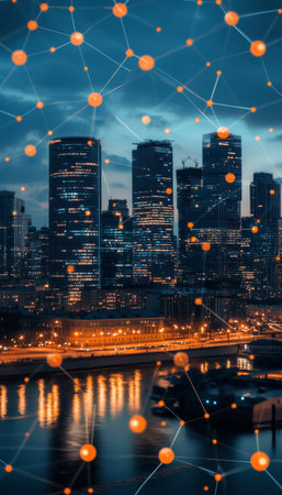 Modern Cityscape With Network Connections And Futuristic Skyline In Blue And Orange Tonesの素材