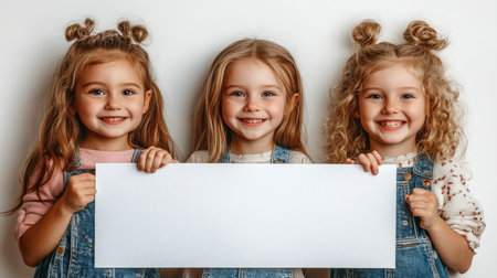 Three Cute Little Girls Smiling and Holding a Blank White Banner, Isolated on a White Backgroundの素材