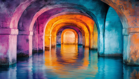 Neon Tunnel Reflections Vibrant Abstract Architecture with Blue, Purple, Orange, and Pink Huesの素材