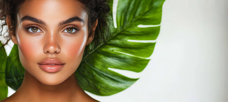Portrait of Beautiful Woman, Tan Skin, Tropical Monstera Leaf. Clean Background, Studio Lightingの素材