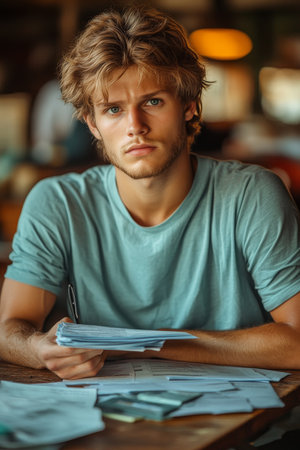 Tired Young Man Overwhelmed With Paperwork at a Table with Natural Light Streaming Inの素材