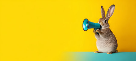 Funny Easter Bunny Holding A Blue Megaphone For Announcement Against A Yellow Backgroundの素材