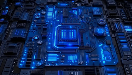 Abstract Glowing Circuitry Deep Blue Technology with Bright Nodes in Dark Environmentの素材