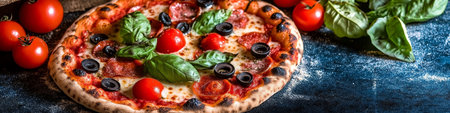 Fresh Hot Pepperoni Pizza On Rustic Background With Tomatoes And Basil, 85 Characters, 100 Maxの素材