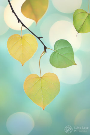 New Life, Spring Leaves Unfolding on a Slender Twig, Natural Light and Bokeh Background.の素材