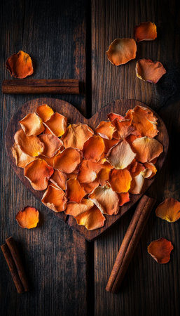 Rustic Romance Heart Shaped Pattern of Dried Rose Petals and Cinnamon Sticks on Wooden Tableの素材