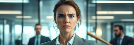 Stressed Businesswoman, Intimidated By Colleague With Baseball Bat In Office, Workplace Violenceの素材