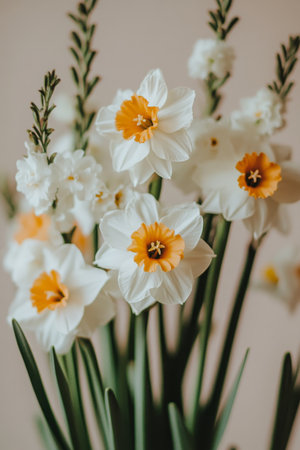 Spring Bouquet of Daffodils in Soft Light, Close-Up on Yellow and White Petals, Pastel Backgroundの素材