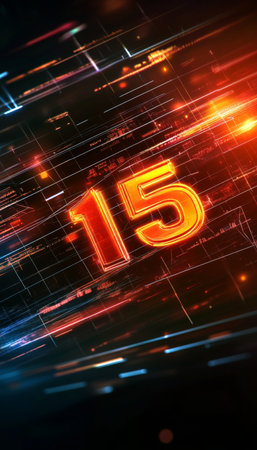 Digital 3D Number 15 In Futuristic Style On Technology Background With Light Trails And Copy Space.の素材
