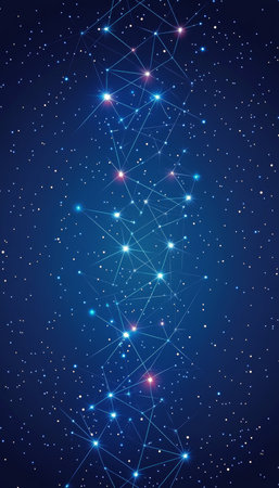 Vector Abstract Network Bright Blue Connections and Defocused Circular Glows on Dark Backgroundの素材