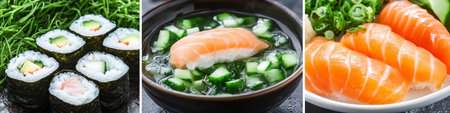 Sushi Rolls, Salmon Sashimi, and Cucumber Salad in Miso Soup. Japanese Cuisine Collageの素材