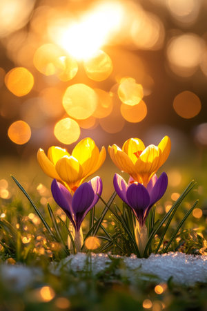 Golden Hour Crocuses A Pair of Purple and Yellow Flowers Bloom in Meadow, Melting Snow, Springtimeの素材