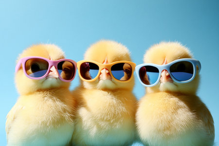 Three Adorable Yellow Chicks Wearing Pastel Sunglasses, Posing on a Blue Background for Easter Funの素材