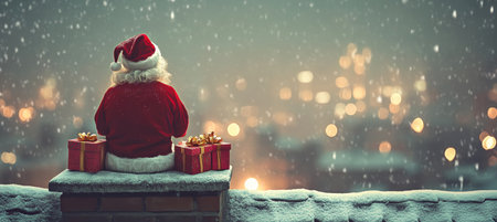 Santa Claus With Two Wrapped Christmas Gift Packs Sitting On A Chimney on snowy christmas nightの素材