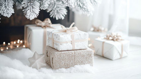 Christmas Gifts Under Tree, Cozy Fireplace Ambiance Scandinavian Holiday Theme Decorationsの素材