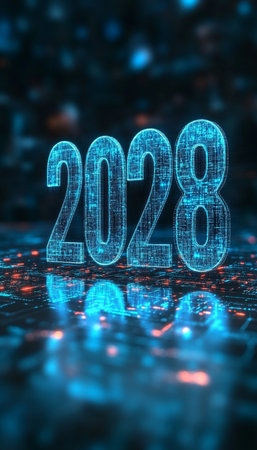 Glowing Digital Number 2028 On A Futuristic Background, Representing New Year And Technology.の素材
