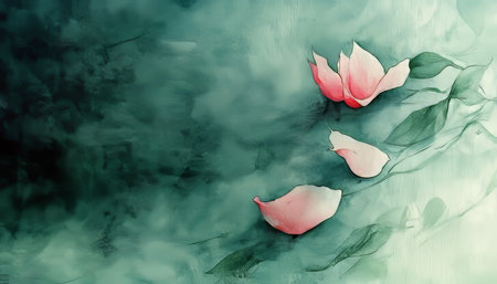 Serene Muted Rose and Sage Green Watercolor Background, Elegant Floral Border, Scattered Petalsの素材