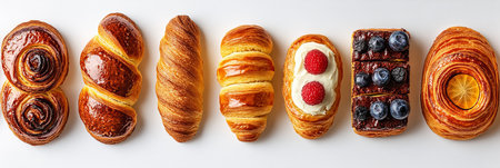 Variety of Freshly Baked Pastries in a Flat Lay Style Isolated, on White Background with Copy Spaceの素材