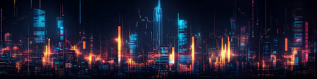 Futuristic Cityscape, Glowing with Blue and Orange Lights, Evokes Digital Networks and Technology.の素材