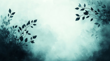 Turquoise Watercolor Background, Intricate Foliage Silhouette, Pastel Artistic Design Elementの素材