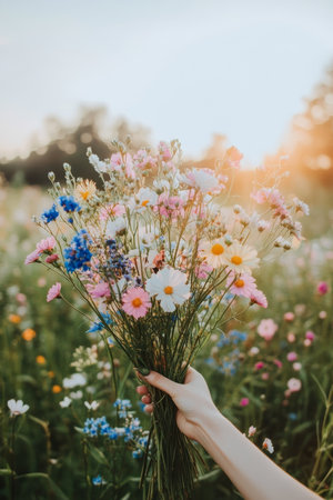 Hand Holding a Bouquet of Colorful Wildflowers, Illuminated by Golden Sunset in a Vibrant Meadow.の素材