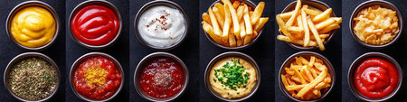 Assortment of Dips and Seasonings with French Fries Culinary Delights in a Close-Up Collageの素材