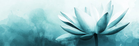 Watercolor Floral Illustration, Pale Turquoise Abstract Background, Delicate Lotus Flower Paintingの素材