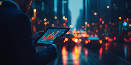 Businessman Analyzing Upward Trending Graph on Tablet Against a Vibrant Cityscape at Night.の素材