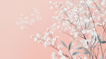 Elegant Floral Background, Hand Drawn Plants And Small Flowers In Subtle Shades On Pinkの素材