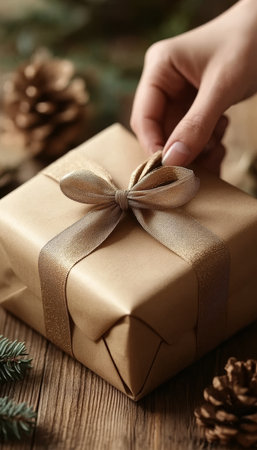 Gift Wrapping, Hands Tying a Ribbon on a Brown Paper Package, Holiday Season, Festive Celebrationの素材