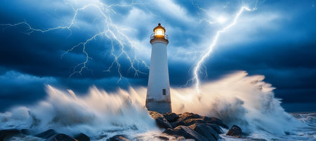 Lighthouse in a Storm with Lightning Strike Symbol of Hope and Resilience during Difficult Timesの素材
