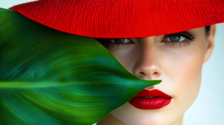 Beauty Behind the Leaf Close-Up Portrait of a Woman with Red Lipstick and a Tropical Plantの素材