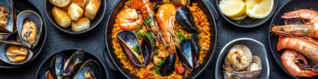 Spanish Paella And Seafood Feast, Tapas Variety On Black Table, Gourmet Dining Experienceの素材