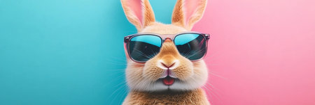 Stylish Easter Bunny Wearing Sunglasses Festive Celebration and Pet Fun in Vibrant Pink and Blueの素材