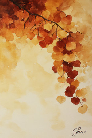 Autumn Glory Delicate Branch with Golden-Yellow Leaves on Textured Paper, Watercolor Illustrationの素材
