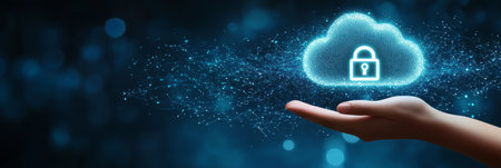 Hand Holding Glowing Cloud With Lock Icon Concept Of Cloud Data Security And Privacy.の素材