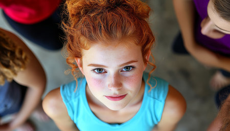 Looking Up Low Angle Portrait Of A Girl With Bright Red Hair, Blue Eyes, And Frecklesの素材