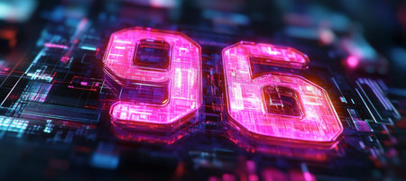 Glowing Purple and Pink number 96 integrated into futuristic technology.,3D Renderingの素材