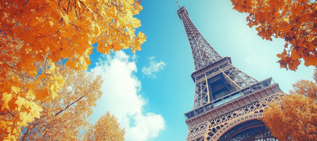 Eiffel Tower Framed by Vibrant Golden Autumn Foliage in a Picturesque Paris Scene, Paris, Franceの素材