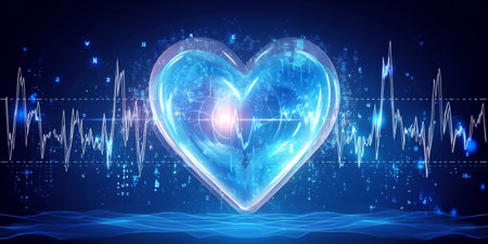 Glowing Blue Technology Styled Heart And Dynamic Heartbeat Line On Futuristic Waveforms Backgroundの素材