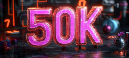 Glowing Neon 50k Sign in Futuristic Style for Social Media Milestones on Abstract Backgroundの素材