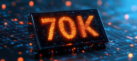 Glowing Digital 70K Number On Futuristic Technology Circuit Board, Three Dimensional Renderingの素材