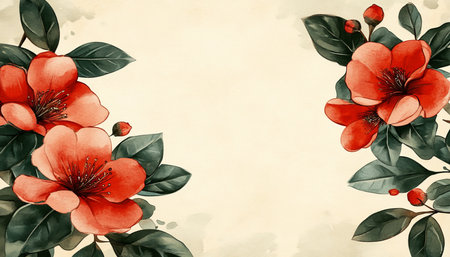 Watercolor Floral Background, Red Camellia Flowers, Leaves, Vintage Style Art, Floral Illustrationの素材