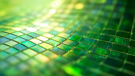 Abstract Background, Digital Data Visualization, Neon Green And Teal Grid, Soft Luminous Bokeh Lightの素材
