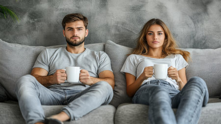 Serious Young Couple With Coffee Mugs, Contemplative Mood on Gray Sofa, Living Room Settingの素材