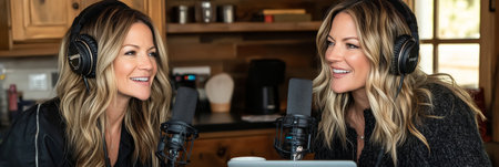 Twin Sisters, Podcast Hosts, Sharing a Laugh While Recording Their Show in a Rustic Studioの素材