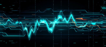 Cyan Heartbeat Line, Modern, Clean Vector Art with Vibrant, Striking Contrast on a Dark Blue Gridの素材