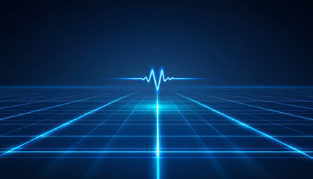 Glowing Cyan EKG Line Over a Grid, Medicine, Healthcare, Abstract, Digital Background.の素材