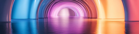 Abstract Glowing Tunnel, Vibrant Spectrum of Light, Reflected on the Floor, Modern Digital Artworkの素材