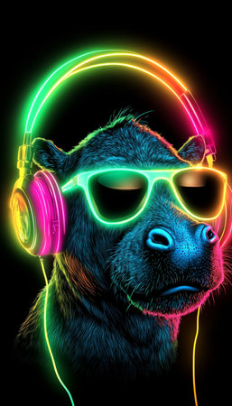 Neon Cool DJ Hippo, Energetic Party Vibes, Glowing Colorful Style, Isolated on Black Backgroundの素材